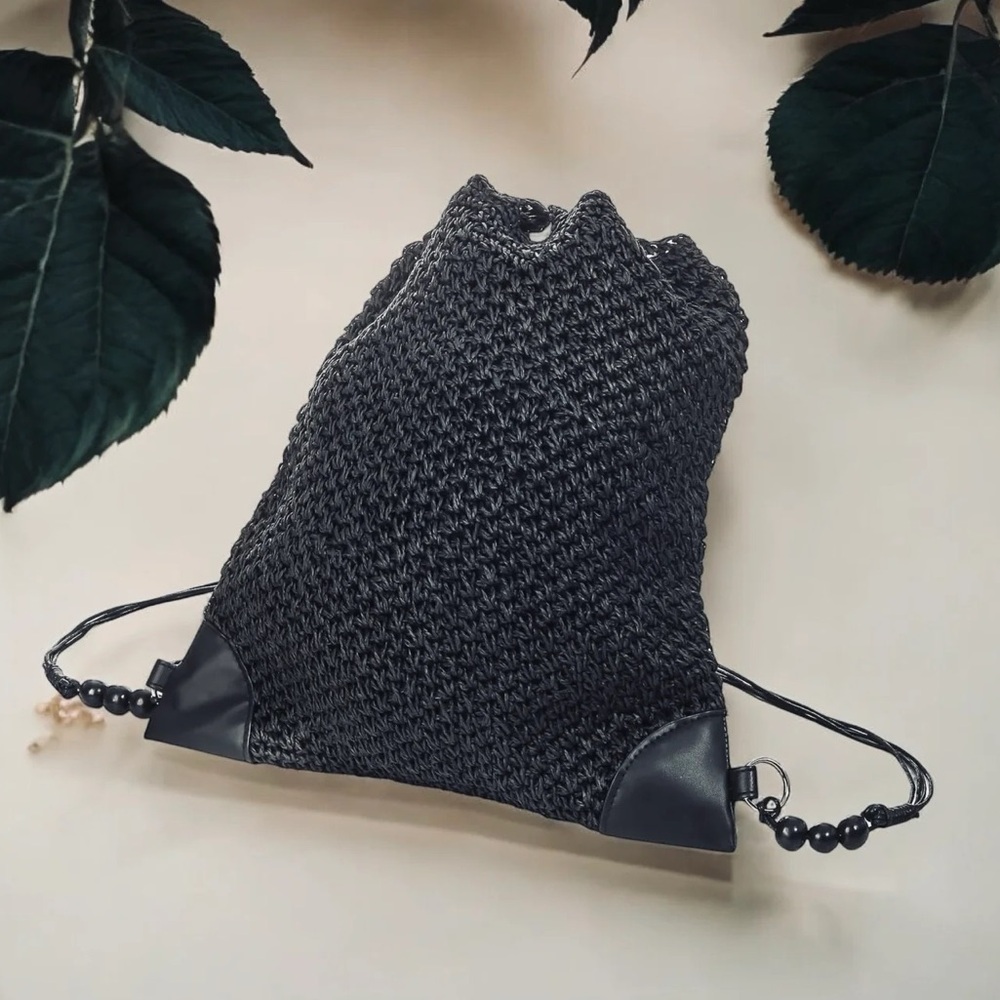 URBAN WOVEN BALCK STRAW BRAIDED BUCKET BAG